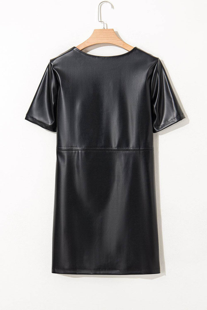 Black Faux Leather Loose T-shirt Dress - Fashion Queen -  13