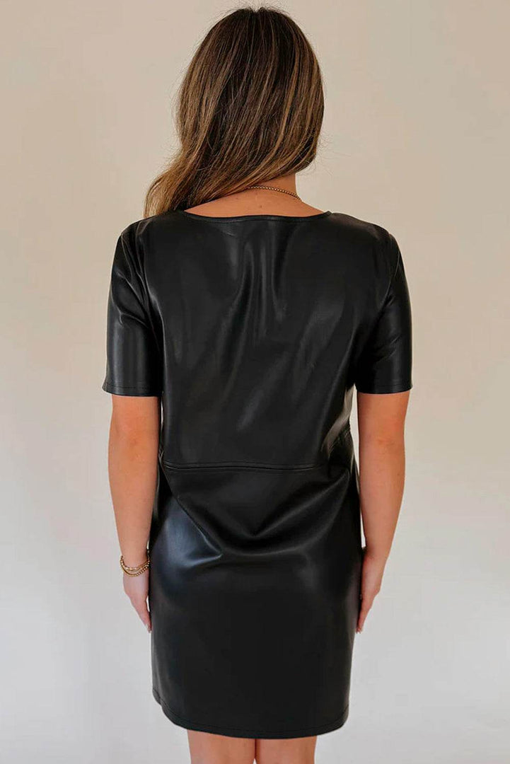 Black Faux Leather Loose T-shirt Dress - Fashion Queen -  3