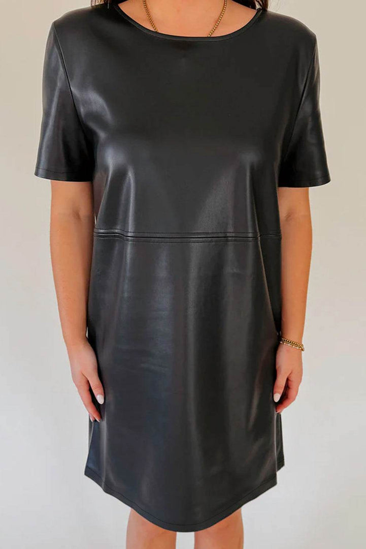 Black Faux Leather Loose T-shirt Dress - Fashion Queen -  5