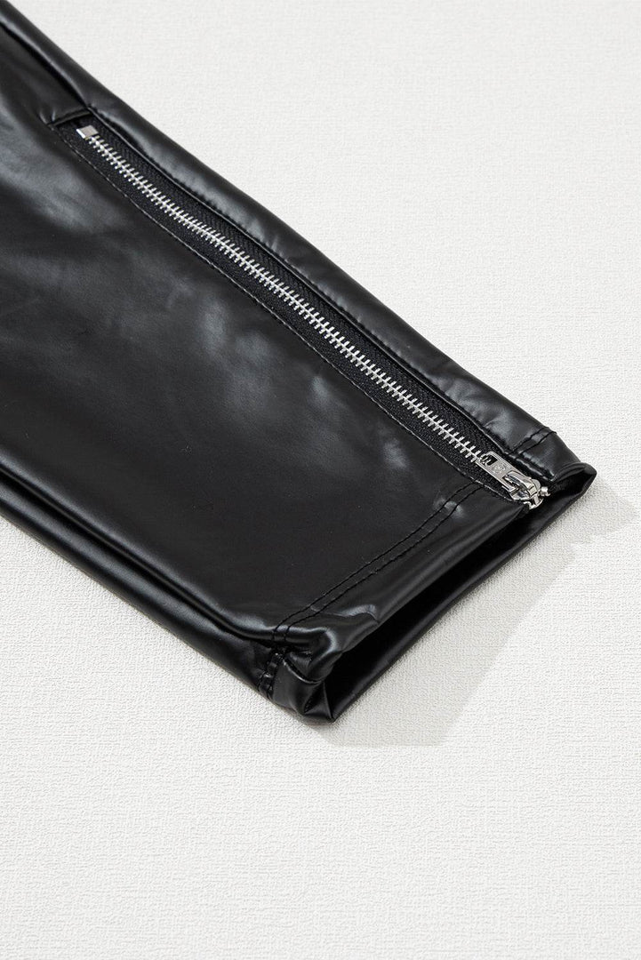 Black Faux Leather Zipped Detail Leggings - Fashion Queen -  12