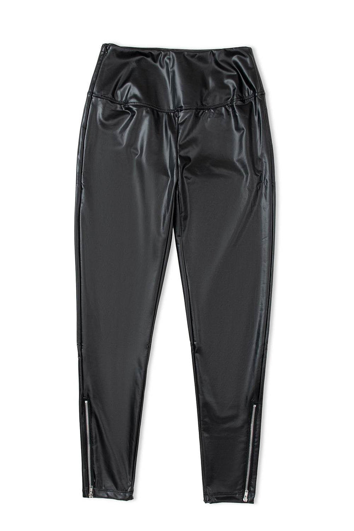 Black Faux Leather Zipped Detail Leggings - Fashion Queen -  7