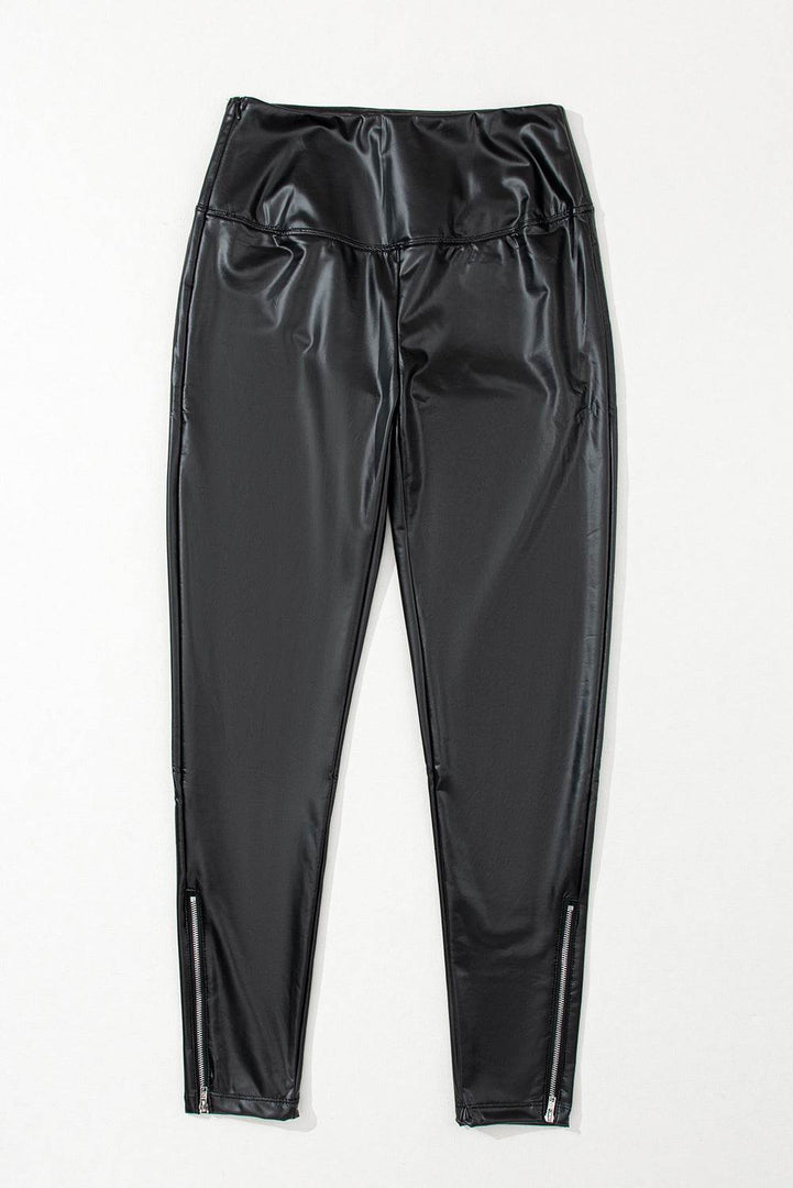 Black Faux Leather Zipped Detail Leggings - Fashion Queen -  8
