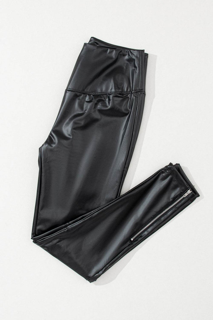 Black Faux Leather Zipped Detail Leggings - Fashion Queen -  9