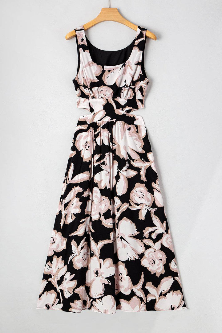 Black Floral Cutout Square Neck Knot Back Sleeveless Maxi Dress - Fashion Queen -  10