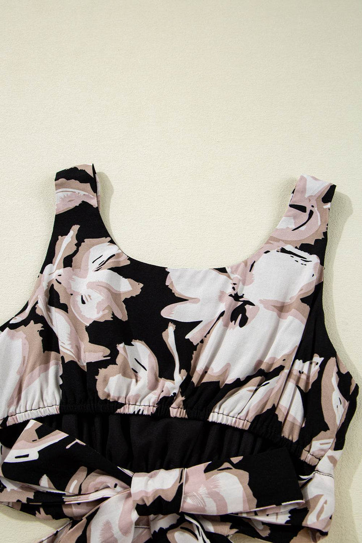 Black Floral Cutout Square Neck Knot Back Sleeveless Maxi Dress - Fashion Queen -  12