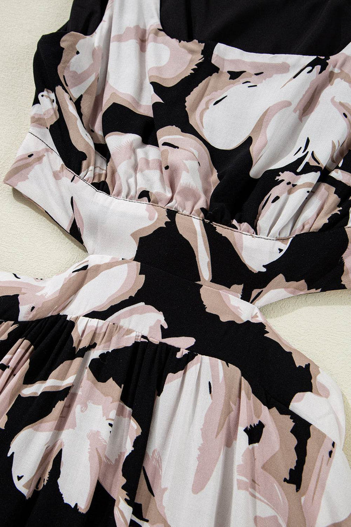 Black Floral Cutout Square Neck Knot Back Sleeveless Maxi Dress - Fashion Queen -  14