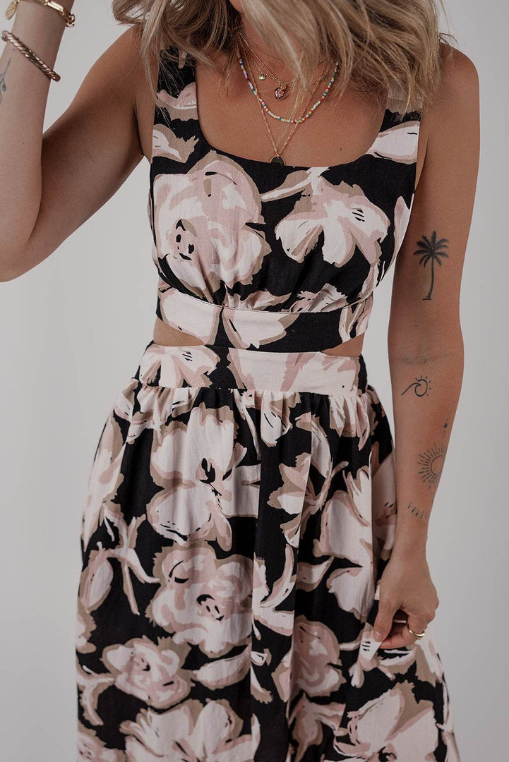 Black Floral Cutout Square Neck Knot Back Sleeveless Maxi Dress - Fashion Queen -  6