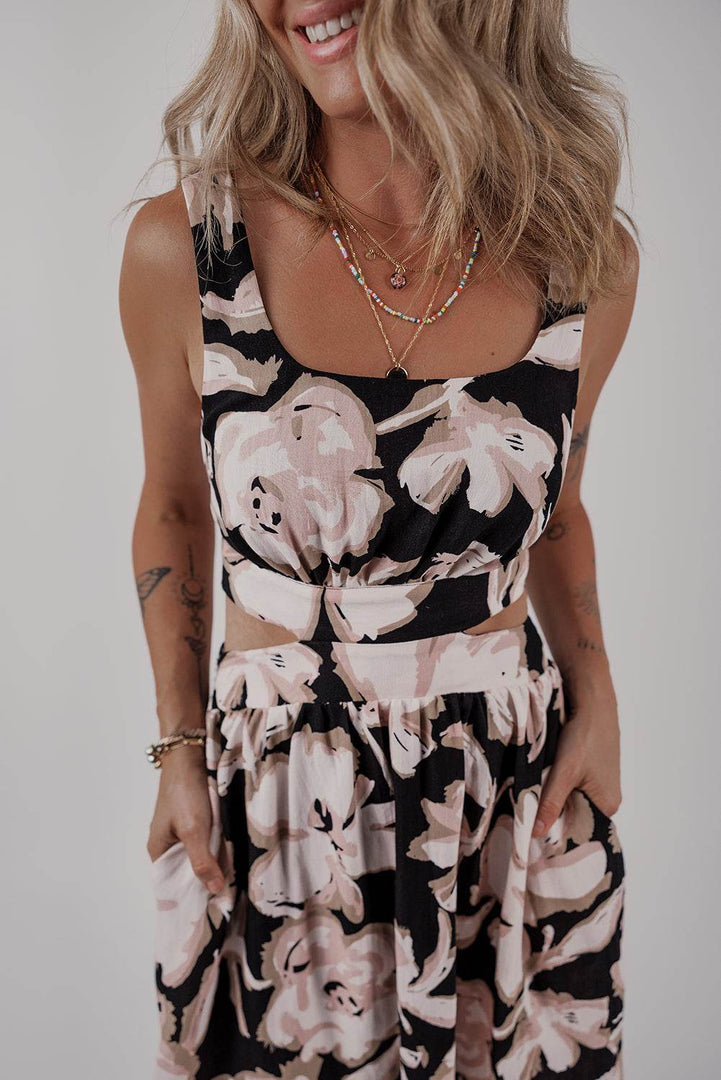 Black Floral Cutout Square Neck Knot Back Sleeveless Maxi Dress - Fashion Queen -  7