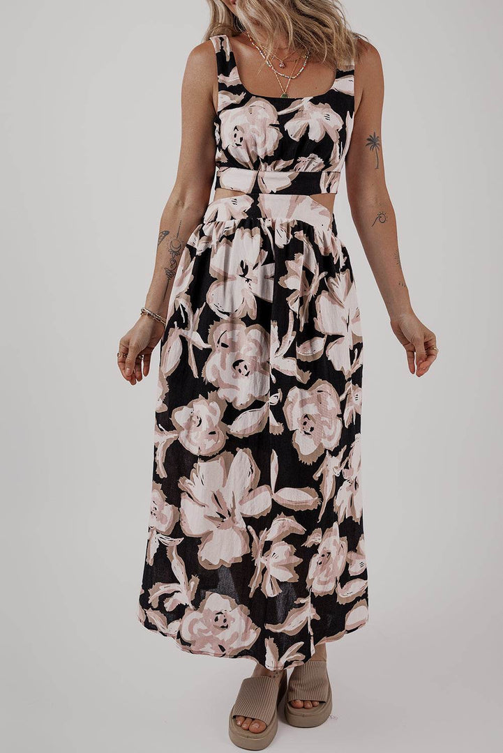 Black Floral Cutout Square Neck Knot Back Sleeveless Maxi Dress - Fashion Queen -  8