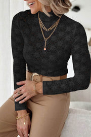 Black Floral Lace High Neck Long Sleeve Top - Fashion Queen -  1