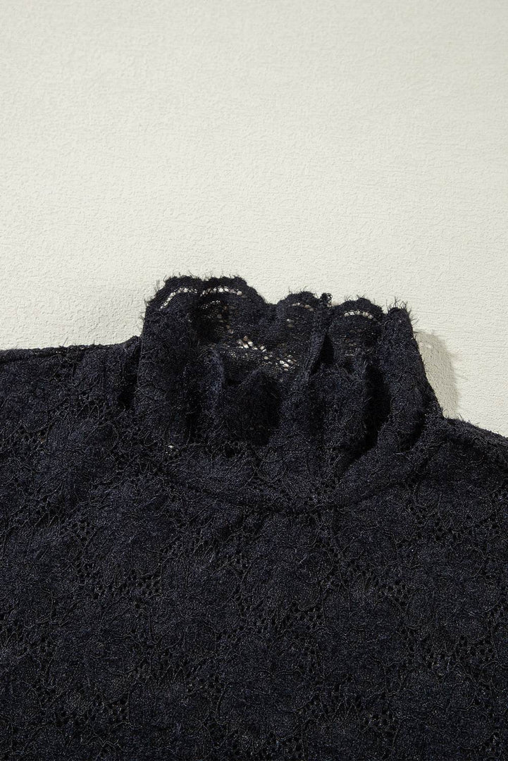 Black Floral Lace High Neck Long Sleeve Top - Fashion Queen -  11