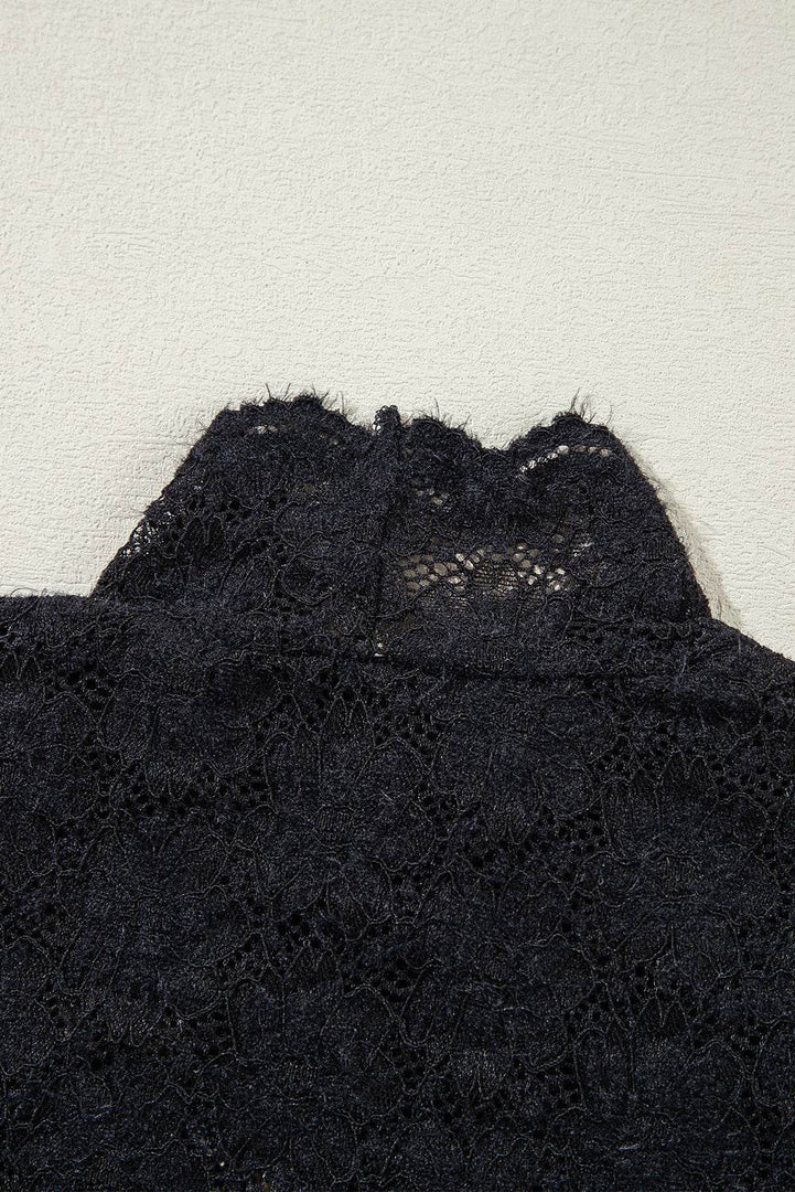 Black Floral Lace High Neck Long Sleeve Top - Fashion Queen -  14