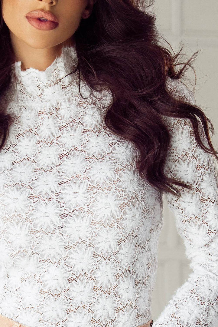 Black Floral Lace High Neck Long Sleeve Top - Fashion Queen -  17