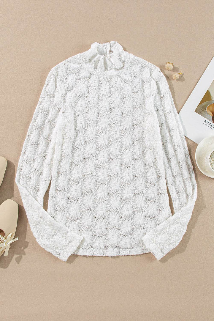 Black Floral Lace High Neck Long Sleeve Top - Fashion Queen -  19