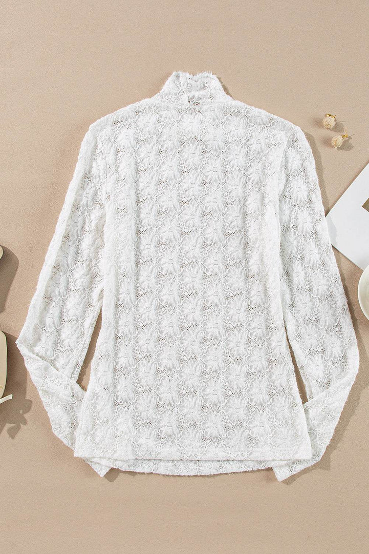Black Floral Lace High Neck Long Sleeve Top - Fashion Queen -  20