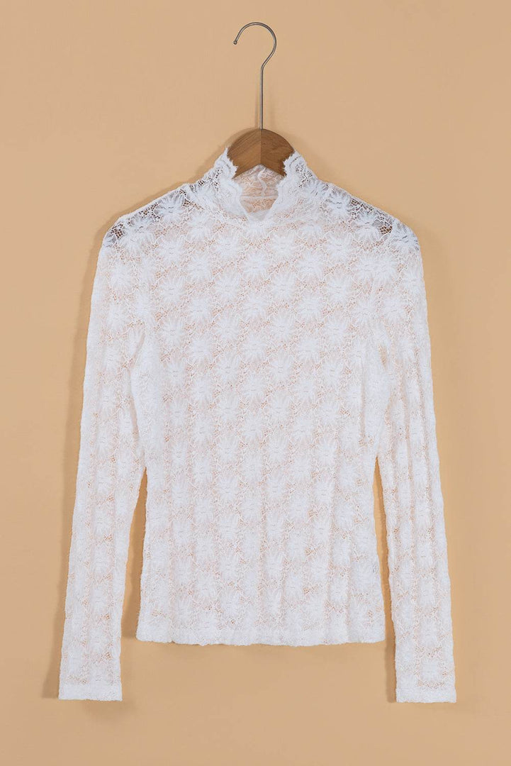 Black Floral Lace High Neck Long Sleeve Top - Fashion Queen -  21