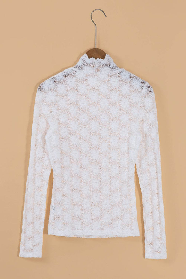 Black Floral Lace High Neck Long Sleeve Top - Fashion Queen -  22