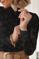 Load image into Gallery viewer, Black Floral Lace High Neck Long Sleeve Top - Fashion Queen -  7

