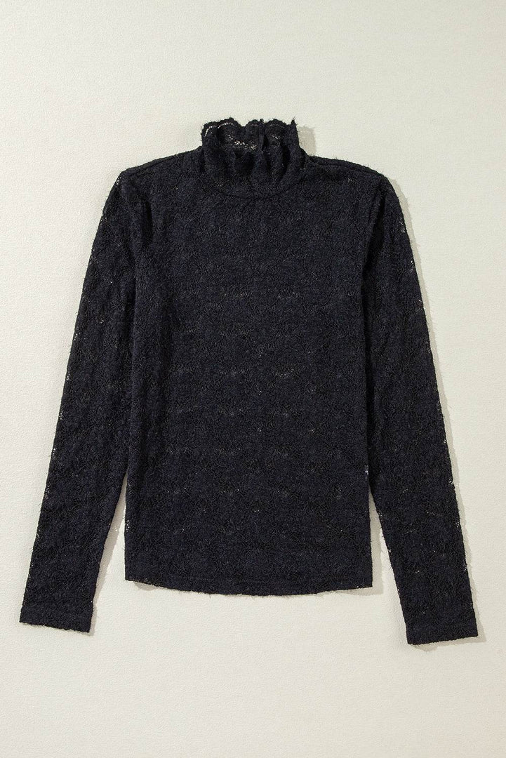 Black Floral Lace High Neck Long Sleeve Top - Fashion Queen -  9