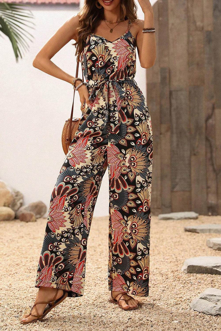 Black Floral Print Belted Sleeveless Wide Leg Jumpsuit - Fashion Queen -  14