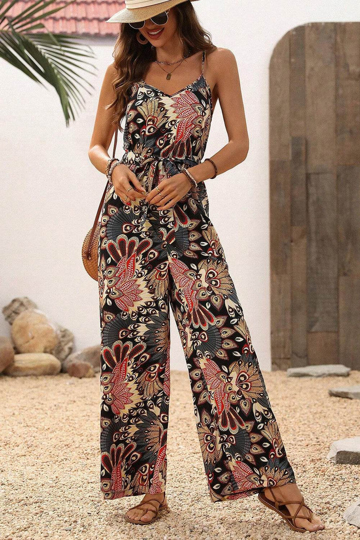 Black Floral Print Belted Sleeveless Wide Leg Jumpsuit - Fashion Queen -  17