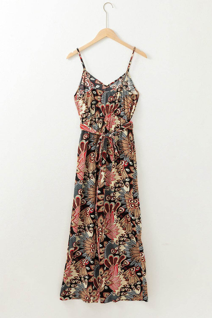 Black Floral Print Belted Sleeveless Wide Leg Jumpsuit - Fashion Queen -  21