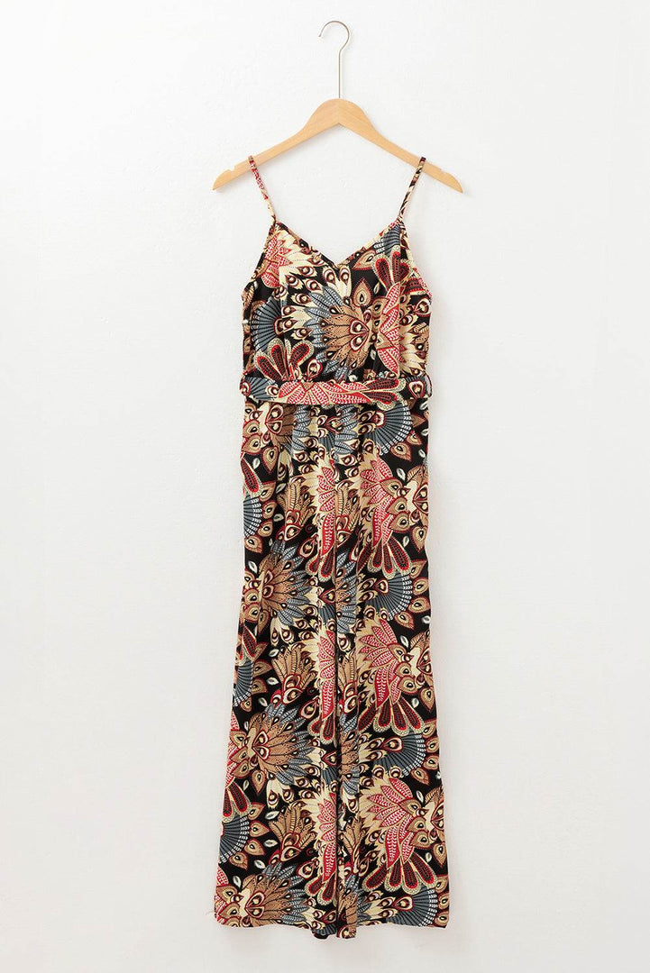 Black Floral Print Belted Sleeveless Wide Leg Jumpsuit - Fashion Queen -  5
