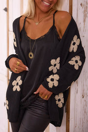 Black Floral Print Knitted Open Front Loose Cardigan - Fashion Queen -  1