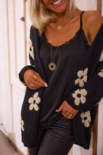 Load image into Gallery viewer, Black Floral Print Knitted Open Front Loose Cardigan - Fashion Queen -  10

