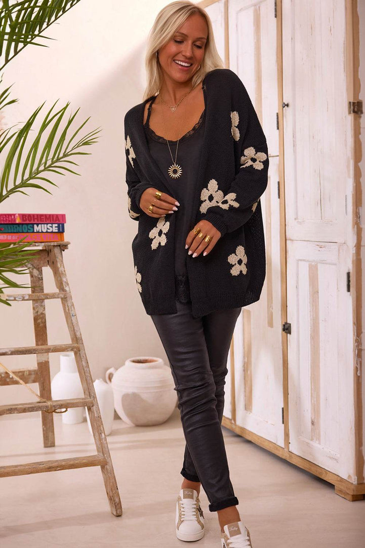 Black Floral Print Knitted Open Front Loose Cardigan - Fashion Queen -  11