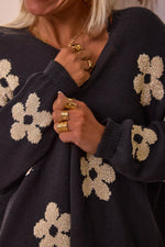 Load image into Gallery viewer, Black Floral Print Knitted Open Front Loose Cardigan - Fashion Queen -  12

