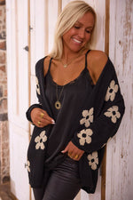 Load image into Gallery viewer, Black Floral Print Knitted Open Front Loose Cardigan - Fashion Queen -  14
