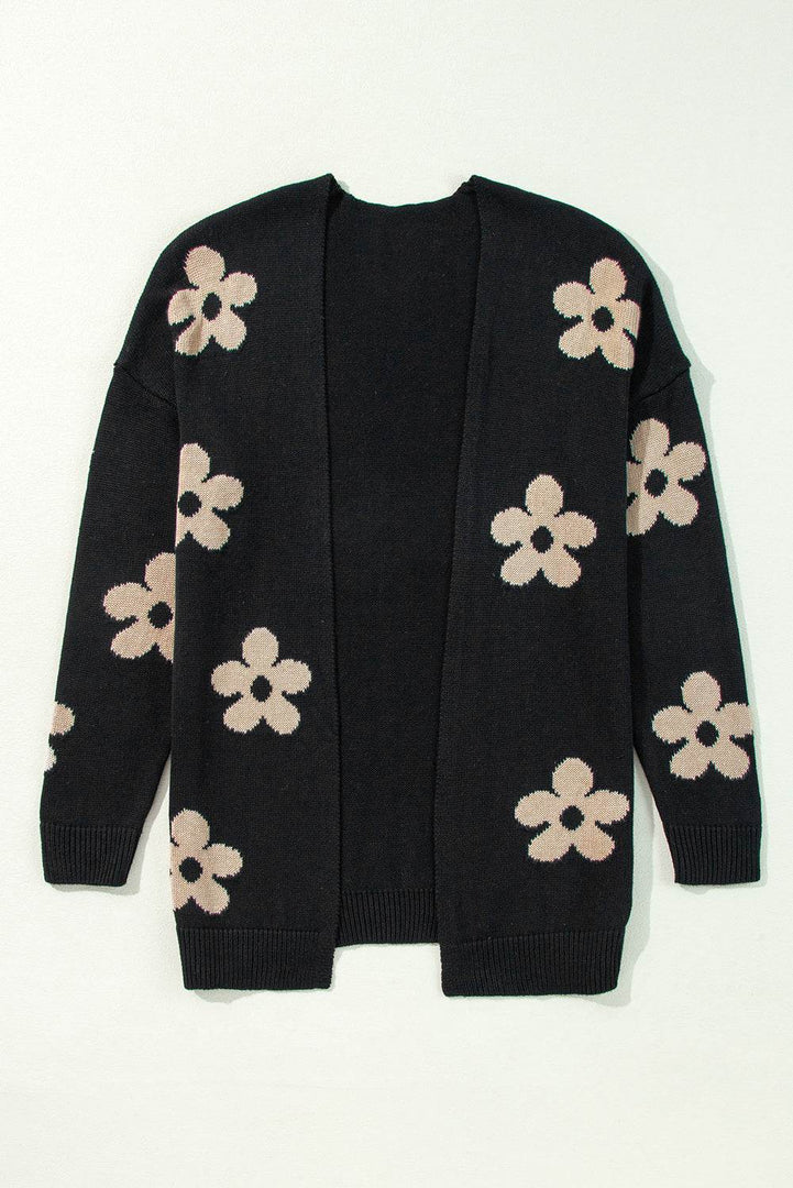 Black Floral Print Knitted Open Front Loose Cardigan - Fashion Queen -  15