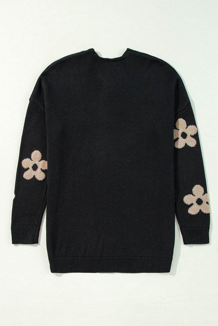 Black Floral Print Knitted Open Front Loose Cardigan - Fashion Queen -  16