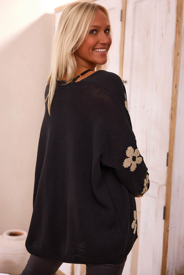 Black Floral Print Knitted Open Front Loose Cardigan - Fashion Queen -  2