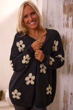 Load image into Gallery viewer, Black Floral Print Knitted Open Front Loose Cardigan - Fashion Queen -  3
