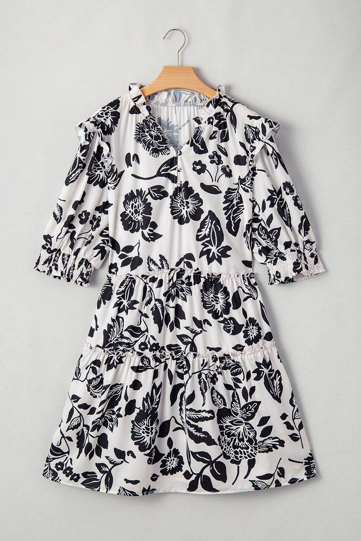 Black Floral Print Tiered Frilled Half Sleeve Plus Size Mini Dress - Fashion Queen -  13