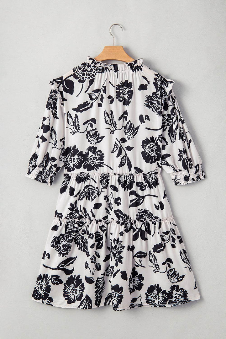 Black Floral Print Tiered Frilled Half Sleeve Plus Size Mini Dress - Fashion Queen -  14
