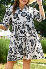 Load image into Gallery viewer, Black Floral Print Tiered Frilled Half Sleeve Plus Size Mini Dress - Fashion Queen -  6

