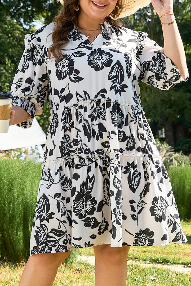Black Floral Print Tiered Frilled Half Sleeve Plus Size Mini Dress - Fashion Queen -  6