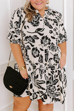 Load image into Gallery viewer, Black Floral Print Tiered Frilled Half Sleeve Plus Size Mini Dress - Fashion Queen -  7
