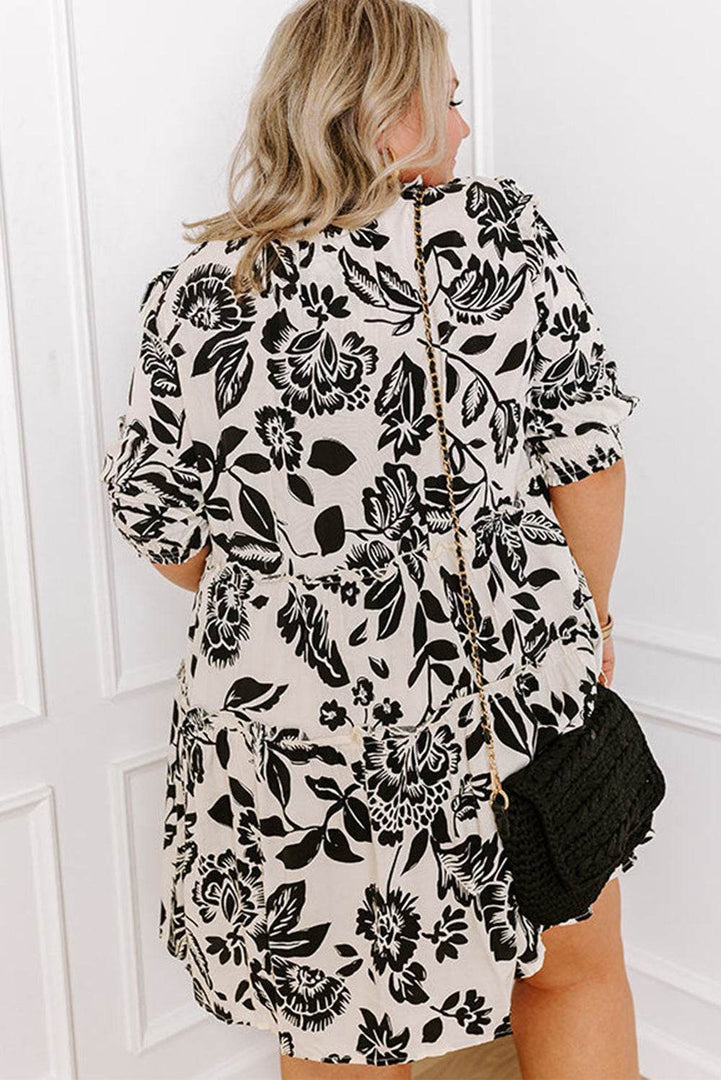 Black Floral Print Tiered Frilled Half Sleeve Plus Size Mini Dress - Fashion Queen -  8