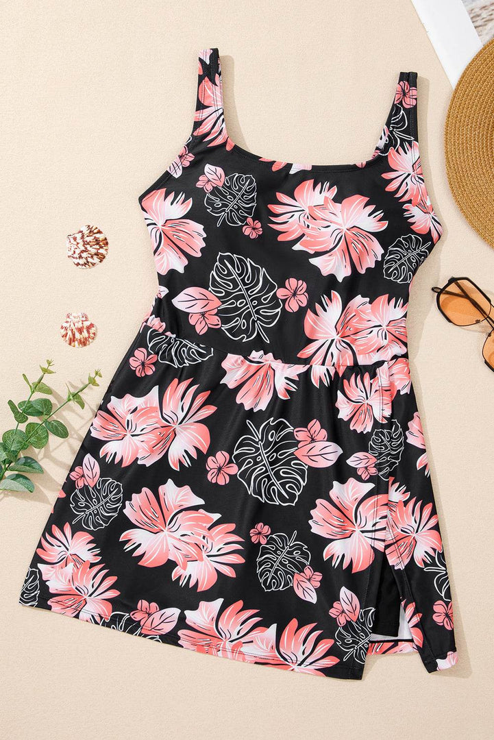 Black Floral Print Twisted Hollowed Back Swim Dress - Fashion Queen -  12