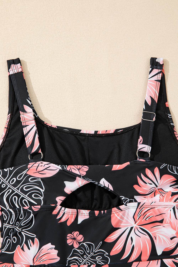 Black Floral Print Twisted Hollowed Back Swim Dress - Fashion Queen -  15