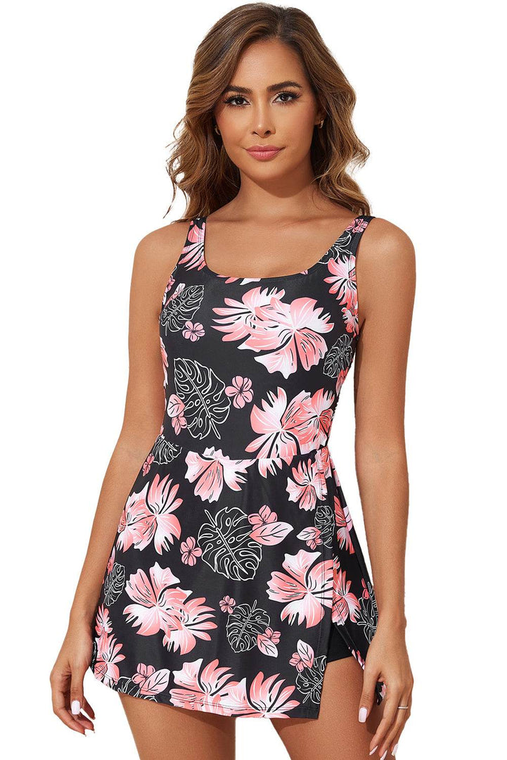 Black Floral Print Twisted Hollowed Back Swim Dress - Fashion Queen -  27