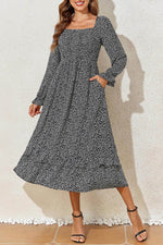 Load image into Gallery viewer, Black Floral Printed Long Sleeve Square Neck Midi Dress - Fashion Queen -  1
