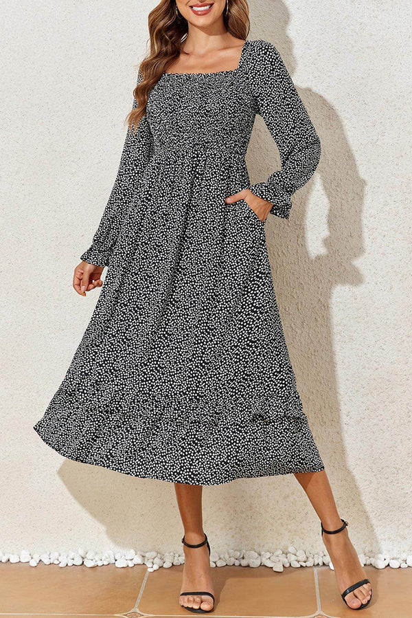 Black Floral Printed Long Sleeve Square Neck Midi Dress - Fashion Queen -  1
