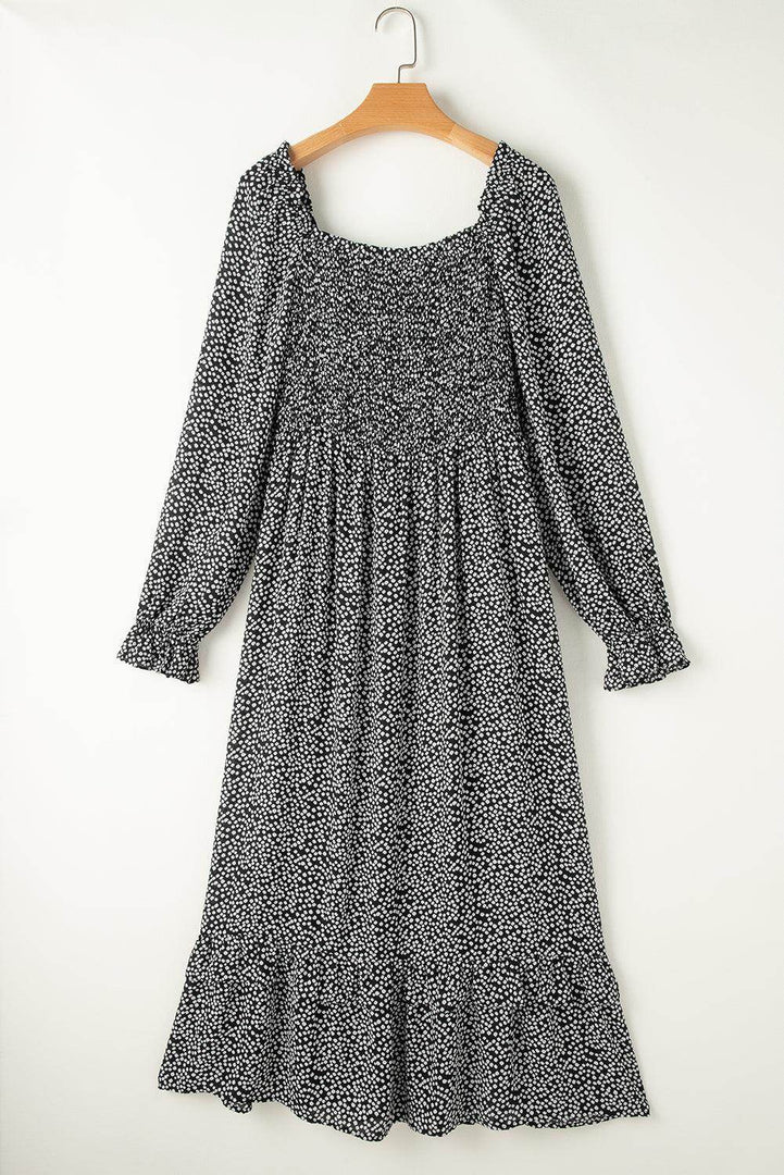 Black Floral Printed Long Sleeve Square Neck Midi Dress - Fashion Queen -  10