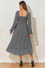 Load image into Gallery viewer, Black Floral Printed Long Sleeve Square Neck Midi Dress - Fashion Queen -  2

