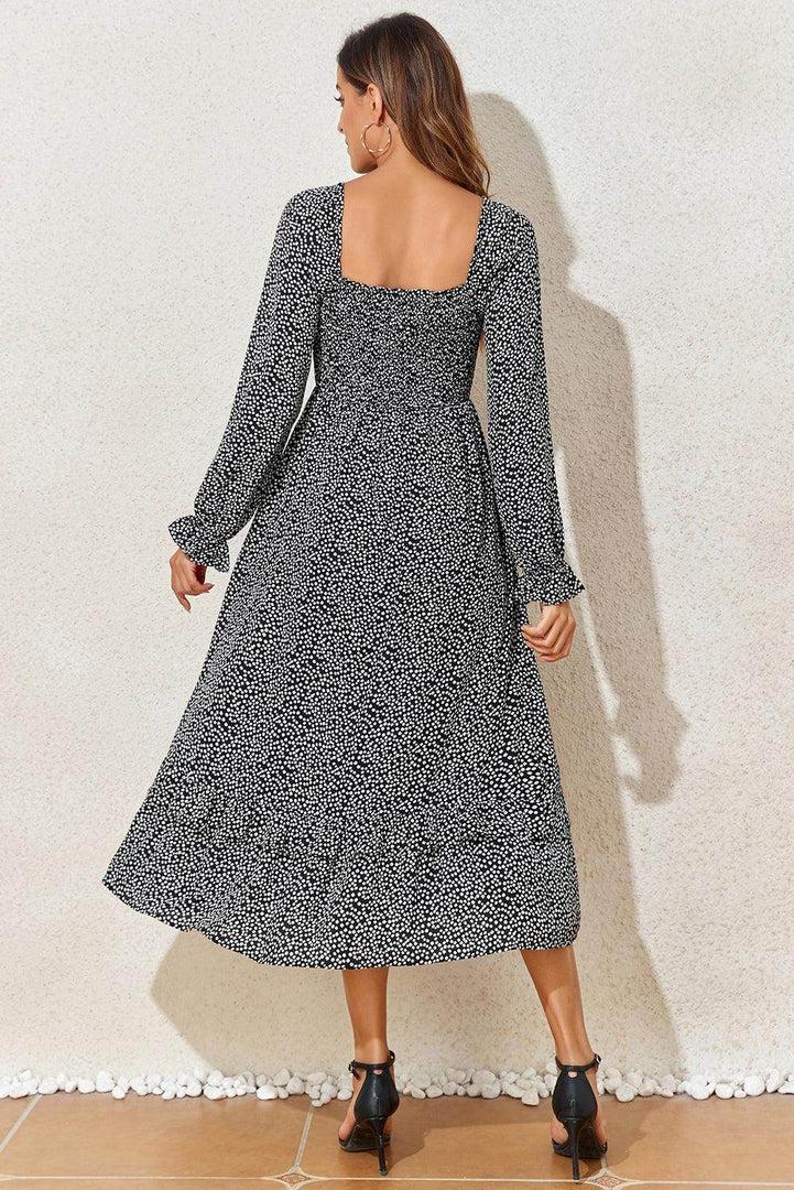 Black Floral Printed Long Sleeve Square Neck Midi Dress - Fashion Queen -  2